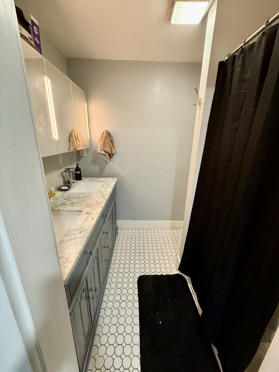 The loft bathroom, a marble-topped vanity and penny-tile floor beneath another skylight.
