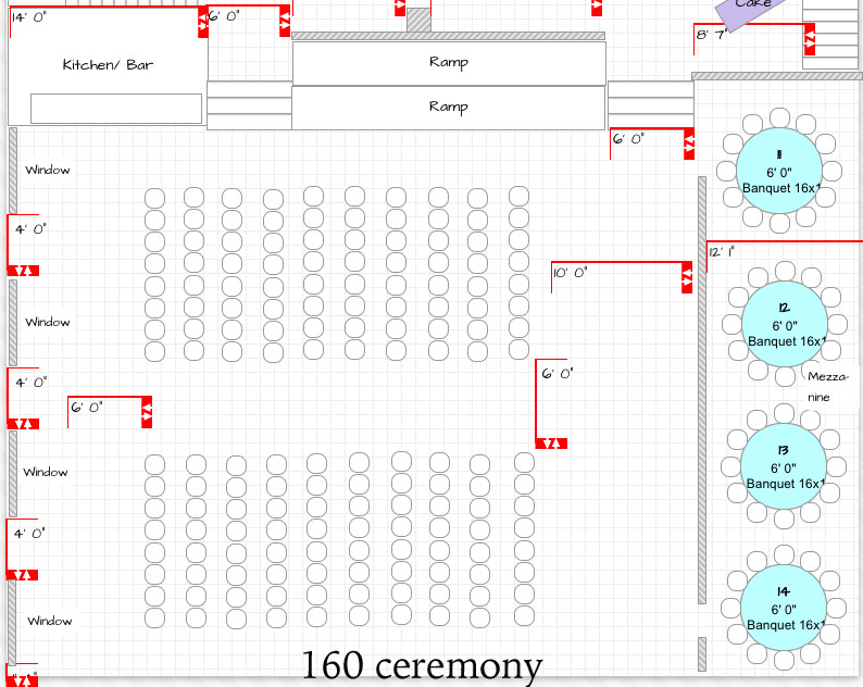 Ceremony floor plan for 160 guests: rows of chairs facing the front of the ballroom, with banquet rounds set along the right-hand side.