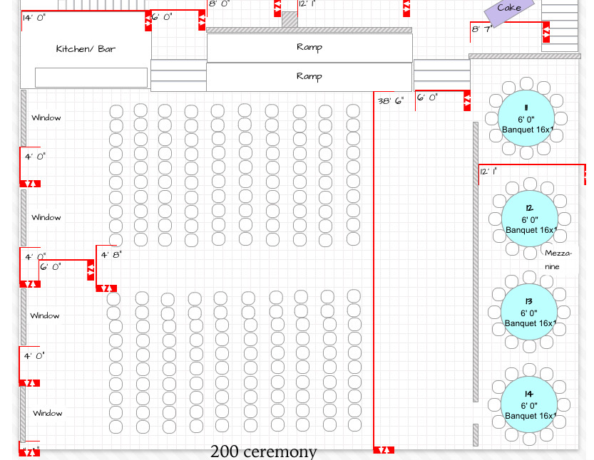 Ceremony floor plan for 200 guests: a wider block of chairs facing the front, banquet rounds along the right-hand side.