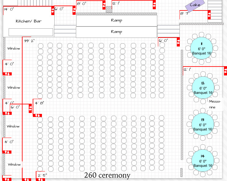 Ceremony floor plan for 260 guests: a deeper block of chairs running most of the room's length, banquet rounds along the right-hand side.