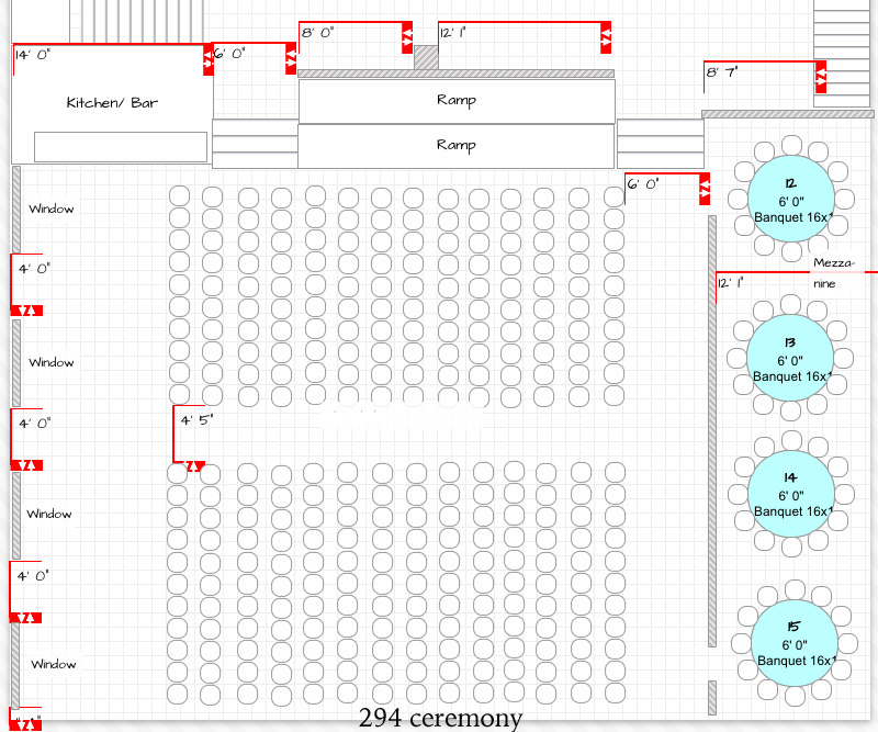 Ceremony floor plan for 294 guests: the fullest seating plan, chairs filling the room with banquet rounds along the right-hand side.