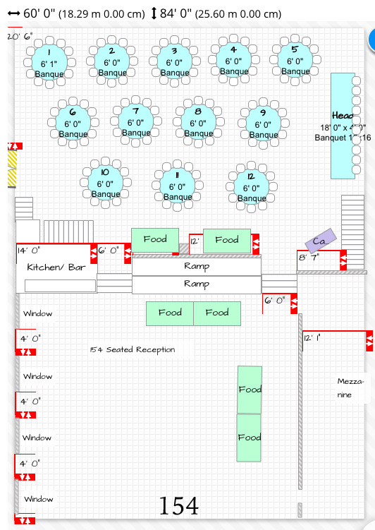 Reception floor plan for 154 guests, showing round tables numbered across the ballroom with the dance floor and buffet marked.