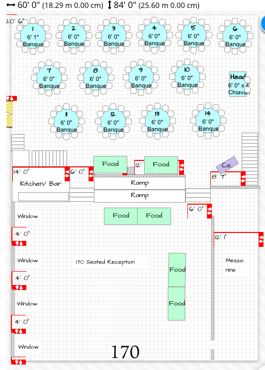 Reception floor plan for 170 guests, round tables numbered across the ballroom with the dance floor and buffet marked.