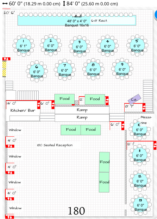 Reception floor plan for 180 guests, first arrangement: round tables numbered across the ballroom with the dance floor and buffet marked.