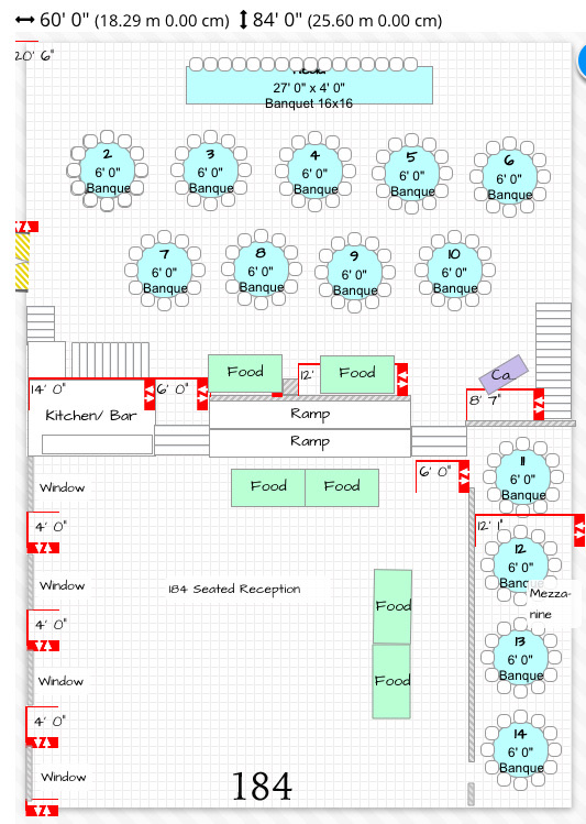 Reception floor plan for 184 guests, round tables numbered across the ballroom with the dance floor and buffet marked.