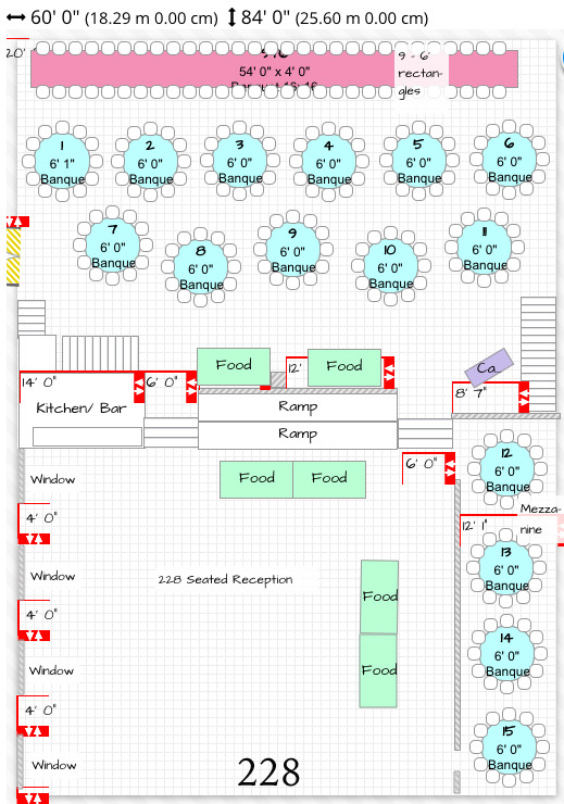 Reception floor plan for 228 guests, first arrangement: round tables numbered across the ballroom with the dance floor and buffet marked.