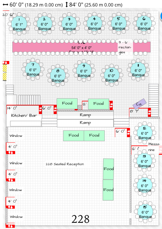 Reception floor plan for 228 guests, second arrangement: round tables numbered across the ballroom with the dance floor and buffet marked.