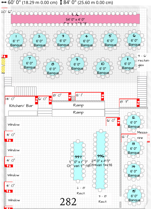 Reception floor plan for 282 guests, first arrangement: round tables numbered across the ballroom with the dance floor and buffet marked.